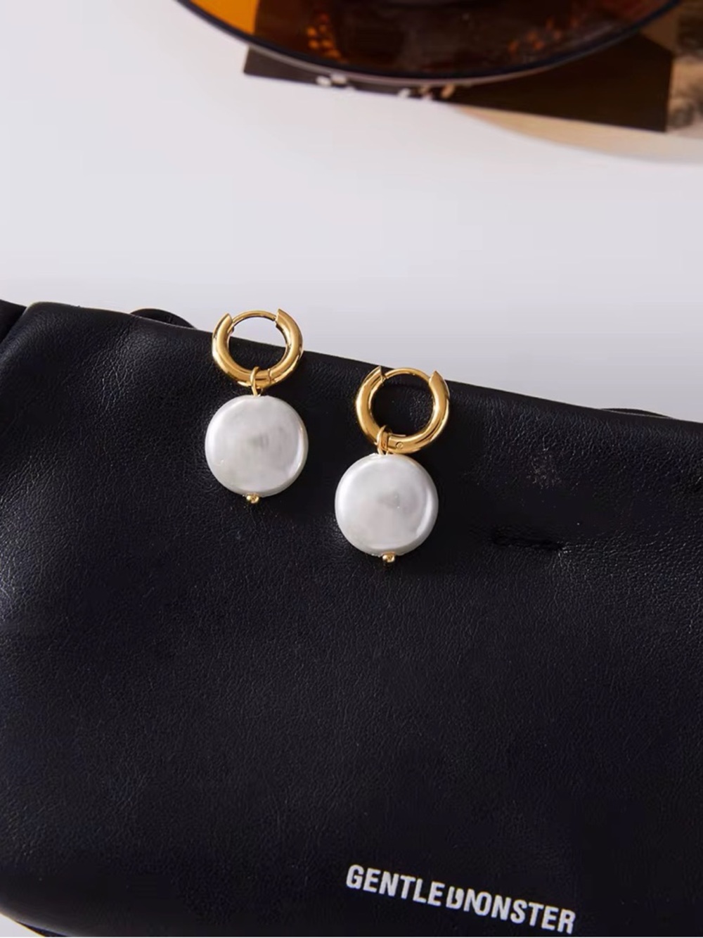 18K Gold Plated Flat Faux Pearl Hoop Earrings